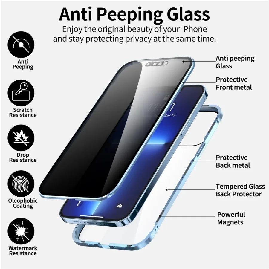 Anti-peeping Double Sided Magnetic Adsorption Case For iPhone17 16e 16 15 14 13 12 11 Pro Max XR Privacy Screen Shockproof Cover