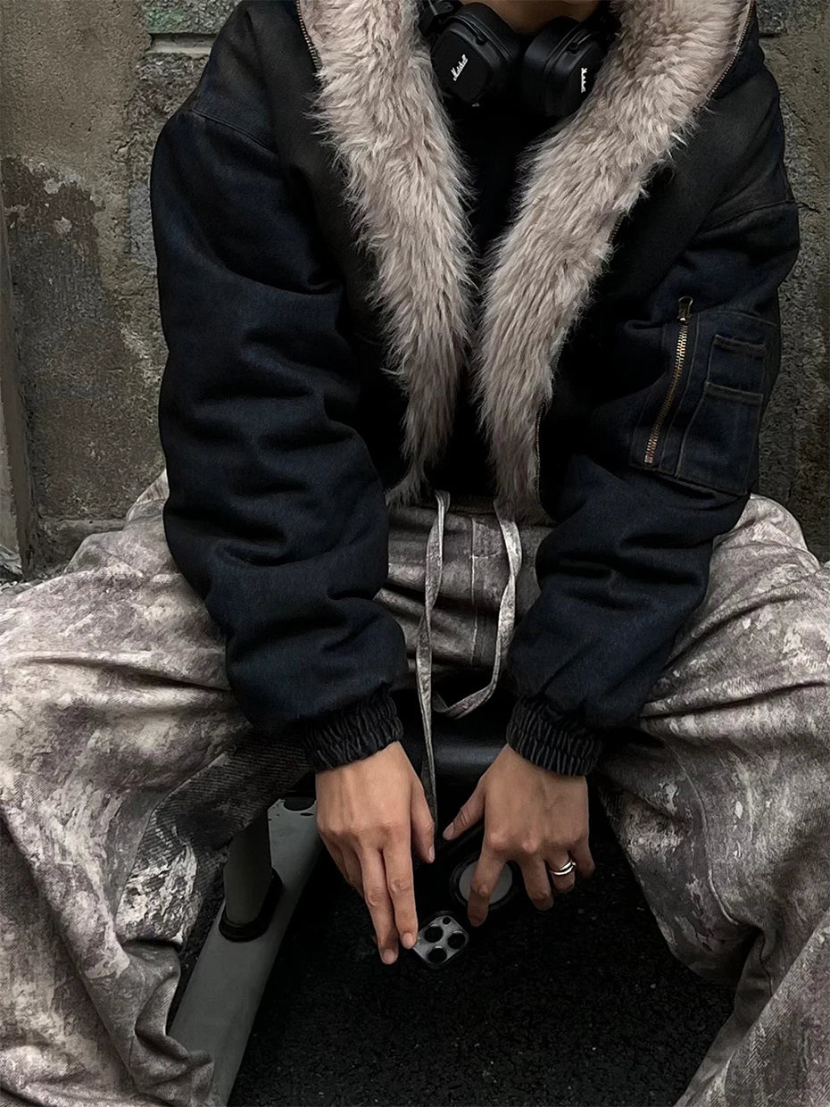 Vintage Denim Parkas Fur Warm Padded Jackets Men Streetwear Harajuku Oversized Bubble Coat Outwear