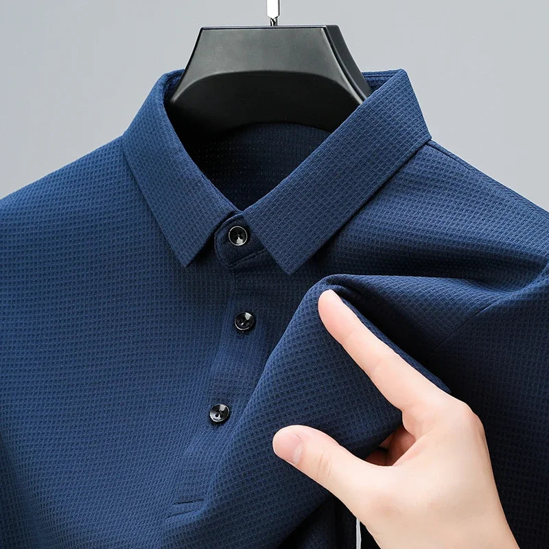 New Men's Business Fashion Casual Long Sleeved Shirt Solid Color Polo Shirt Fashionable Breathable Comfortable Versatile Top