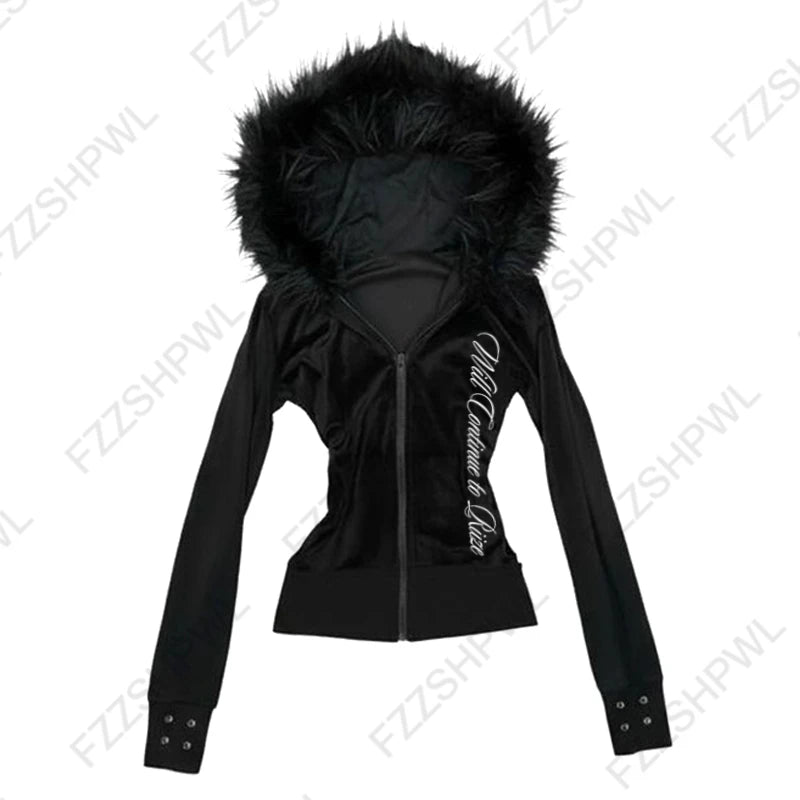 Gothic Y2K Women's Chic Hoodie Sexy Slim Casual Solid Color Female Cropped Sweatshirt Grunge Punk Vintage Aesthetics Streetwear