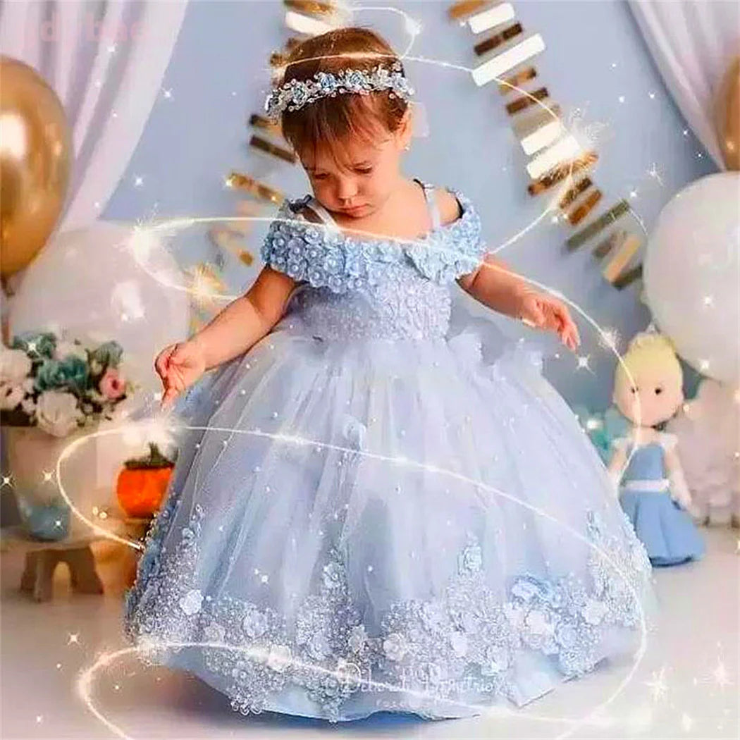 Pink Baby Girls Dresses Off Shoulder Pearls Lace Butterflies Flower Girl Dress Infant First Birthday Party Gown