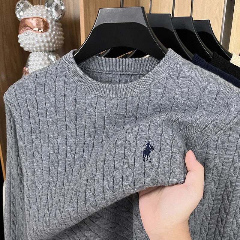Light Luxury Men's New Round Neck Autumn and Winter Texture 2025 Model Twisted Flower Shaped Casual Embroidery Knitted Sweater
