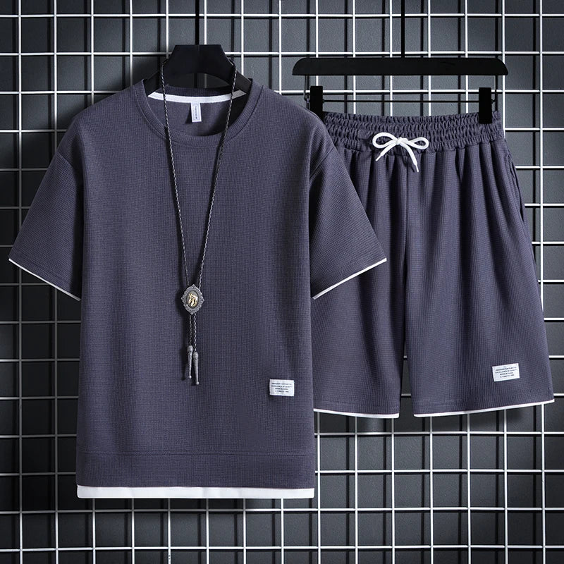 Summer Men's Waffle Sets Casual T-Shirt And Shorts Set Male Sports Suit Solid Color Tracksuit Loose Suits Size