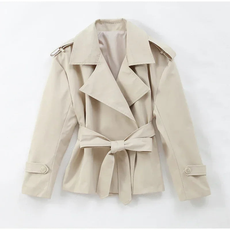 Casual Belt Lace Up Short Trench Coat Women Elegant Full Sleeve V Neck Loose Fashion Jacket Spring Daily High Street Outerwear