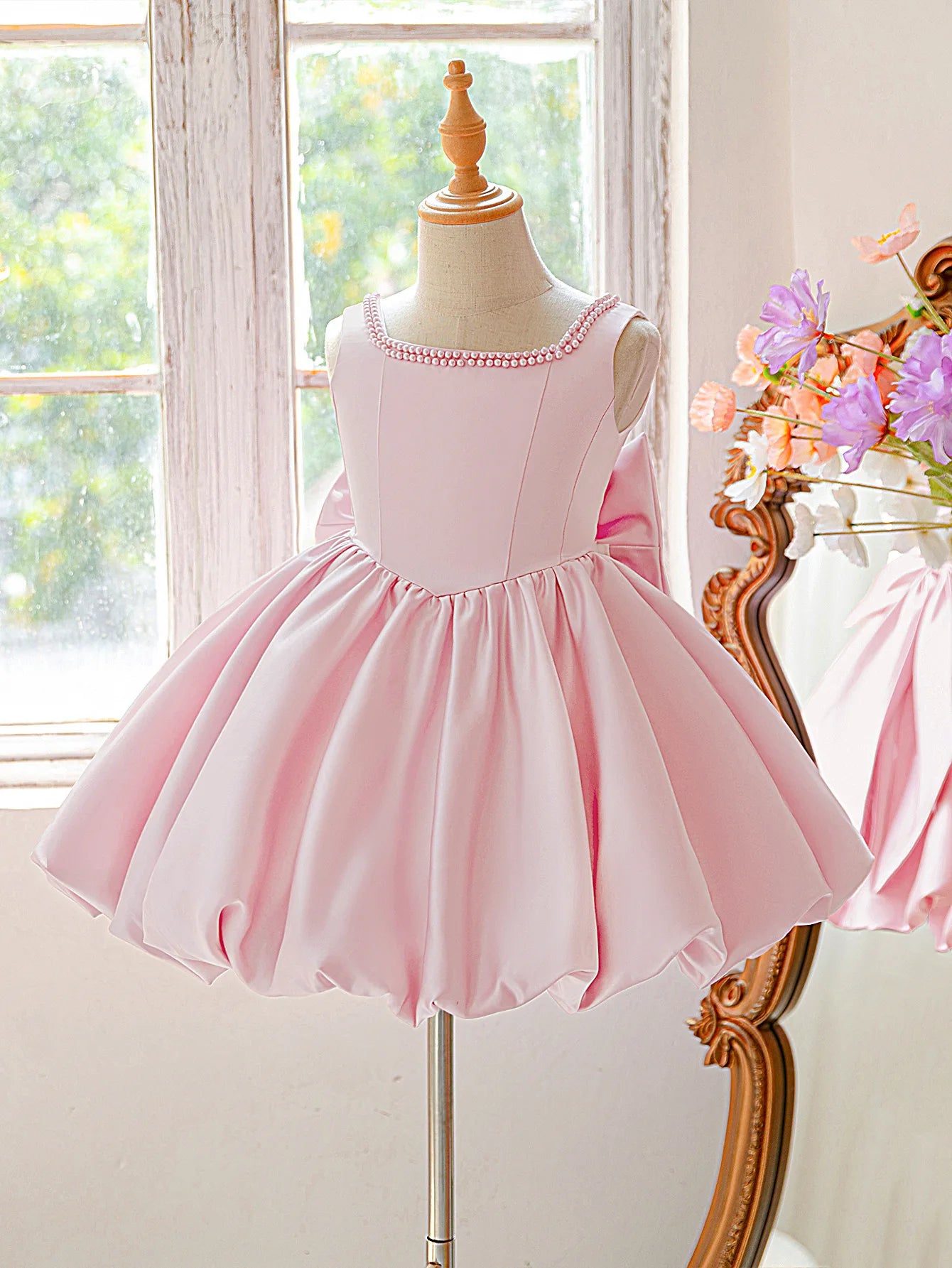 Girls Party Dresses Elegant Pearls Big Bow Princess Dress Baby Girl 1st Birthday Baptism Gown Wedding Birthday Party Girls Dress