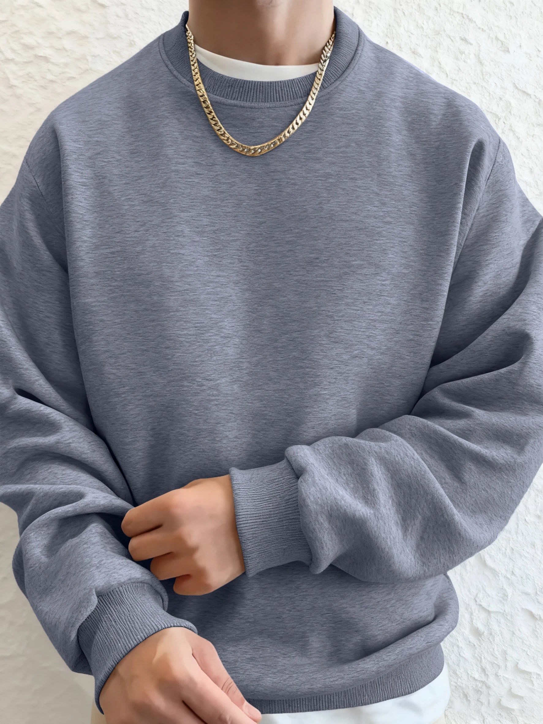 Men'S Solid Sweatshirts Autumn Winter Loose Fleece Soft Hoodies Basics Crewneck Warm Sportswears Street Casual Mens Clothes
