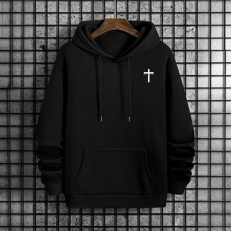 Mens Urban Hoodie 2025 High Quality Solid Color Long Sleeve Sweatshirt Casual Sporty Hooded Outerwear Jesus Cross Print Pullover