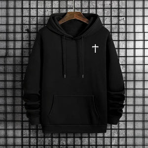 Mens Urban Hoodie 2025 High Quality Solid Color Long Sleeve Sweatshirt Casual Sporty Hooded Outerwear Jesus Cross Print Pullover