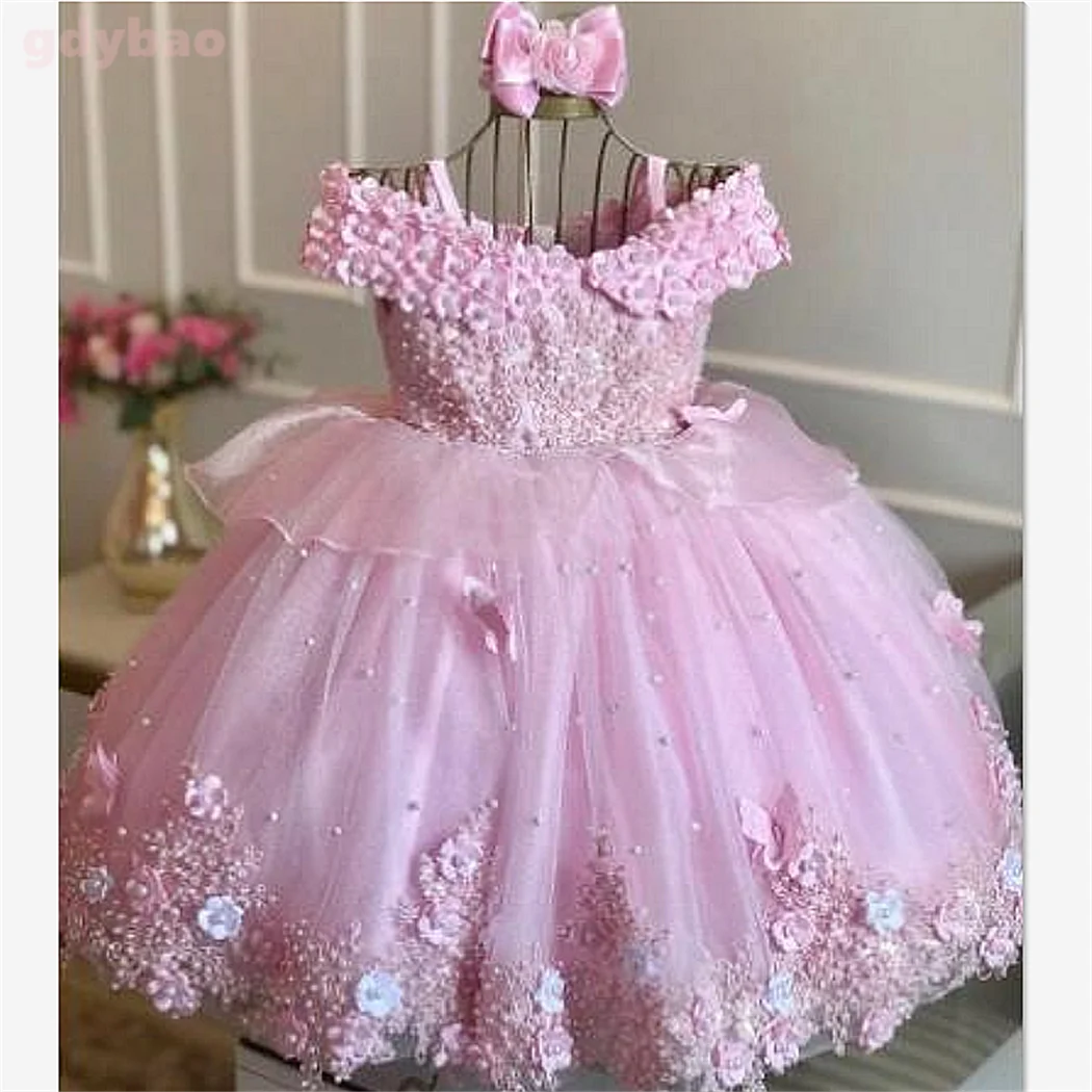 Pink Baby Girls Dresses Off Shoulder Pearls Lace Butterflies Flower Girl Dress Infant First Birthday Party Gown