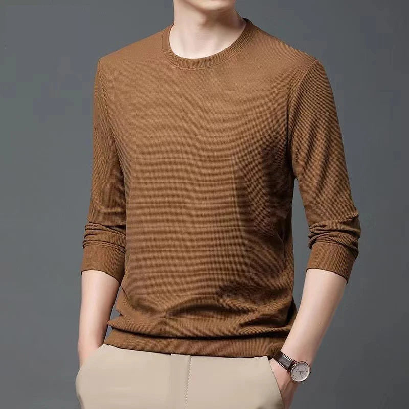 Spring Autumn Waffle t-Shirts For Men Long Sleeve t-Shirt Tops Fashion Soild Tee Shirts Casual Round Neck t Shirt Man Clothes