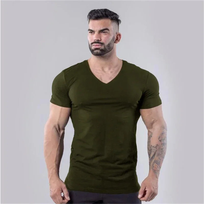 Mens Plain  Summer Cotton Breathable Short Sleeve Shirts Running V-neck T-shirt Gym Bodybuilding Fitness Workout Muscle Clothin