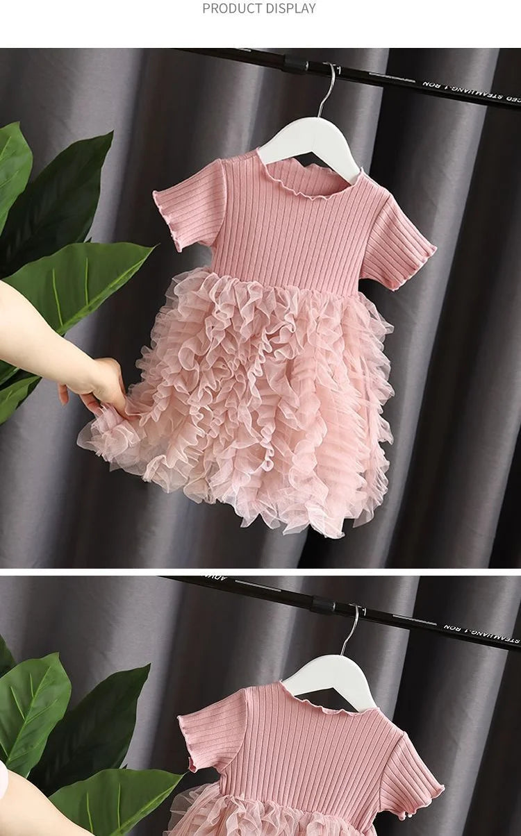 Baby Girl Pink Ribbed Long-Sleeve Bowknot Floral Embroidered Mesh Dress Perfect For Outings And Daily Wear