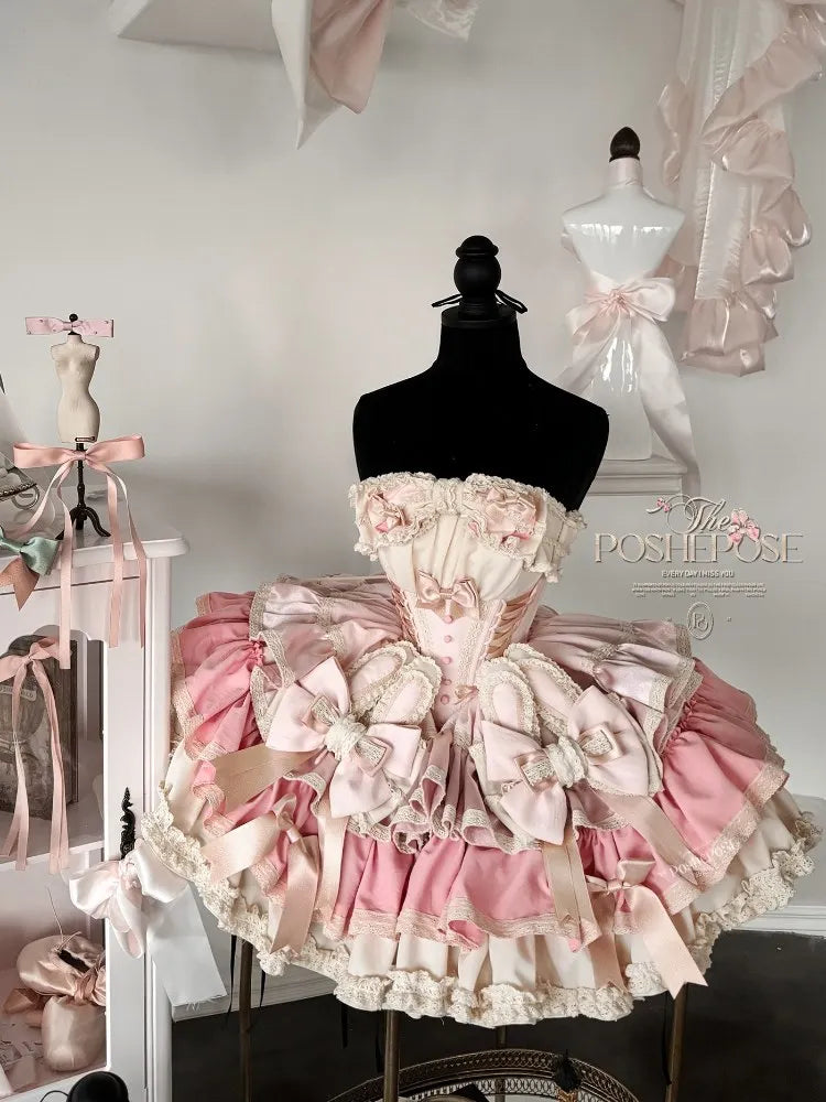 Heavy Industry Elegant Sexy Princess Birthday Dress 3D Big Bow Lace Edge Lace-up Slim Sweet Kawaii Lolita Ball Gown Dress Women
