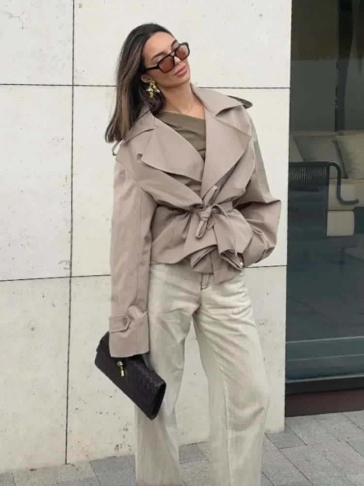 Casual Belt Lace Up Short Trench Coat Women Elegant Full Sleeve V Neck Loose Fashion Jacket Spring Daily High Street Outerwear