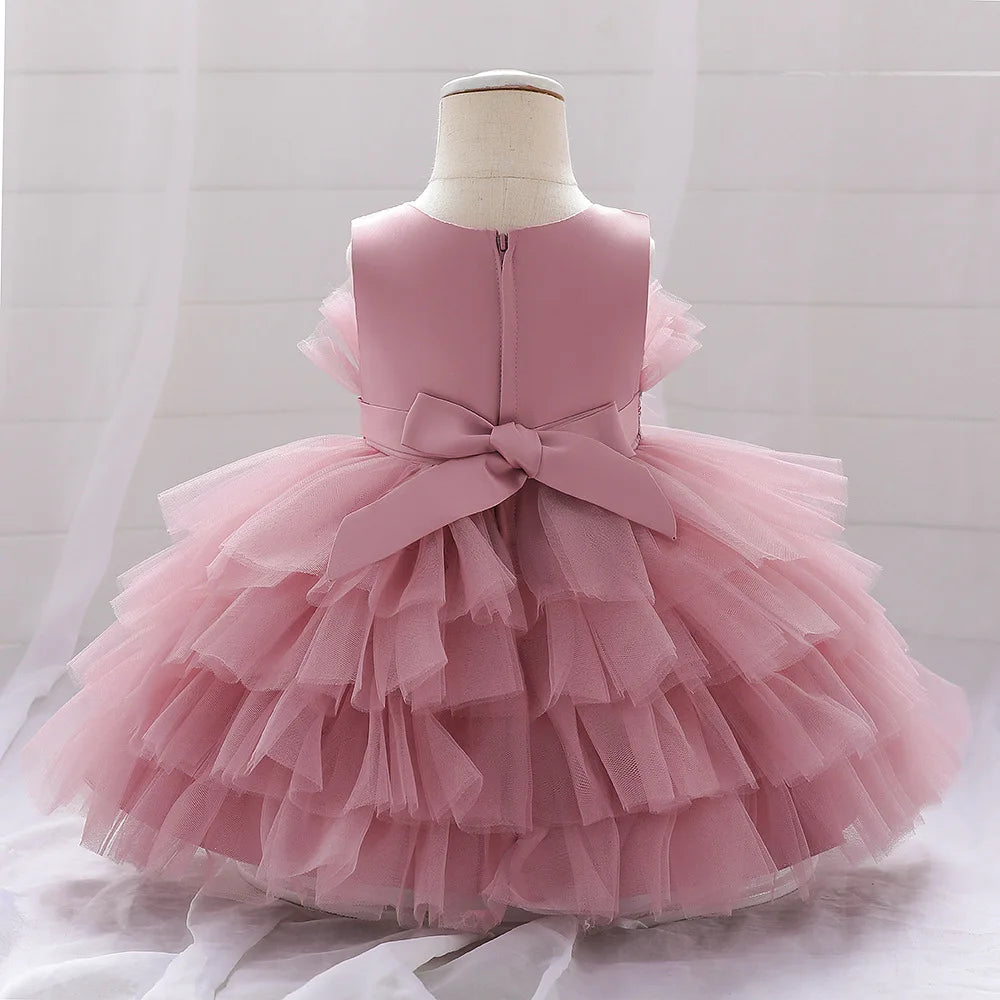 Kids Bow Baby Girls Dress Puffy Tulle Toddler White Baptism Party Dresses For Girl Elegant Kids Birthday Princess Ball Gown