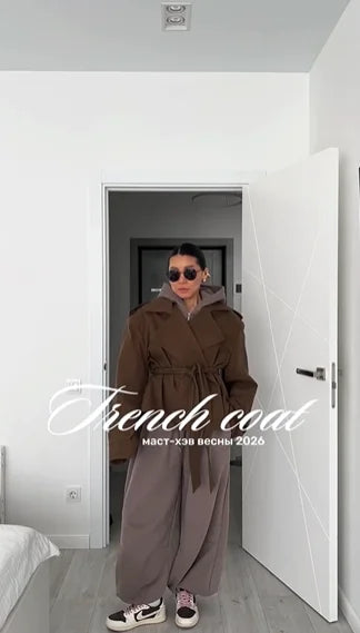 Casual Belt Lace Up Short Trench Coat Women Elegant Full Sleeve V Neck Loose Fashion Jacket Spring Daily High Street Outerwear