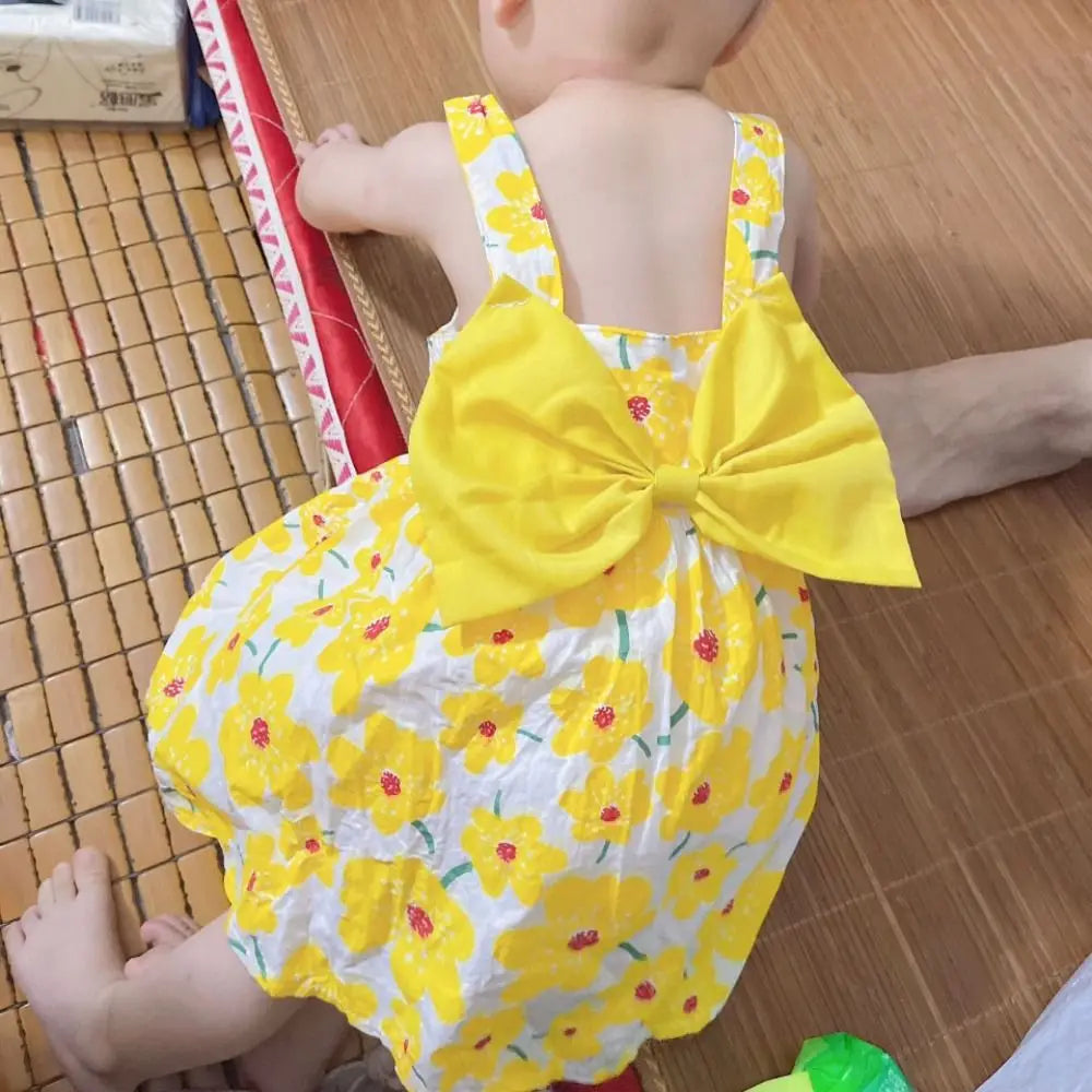 Elegant Bowknot Baby Girl Princess Dress Cotton Summer Floral Dress with Hat Sweet Sleeveless Flower Dress Beach Vacation
