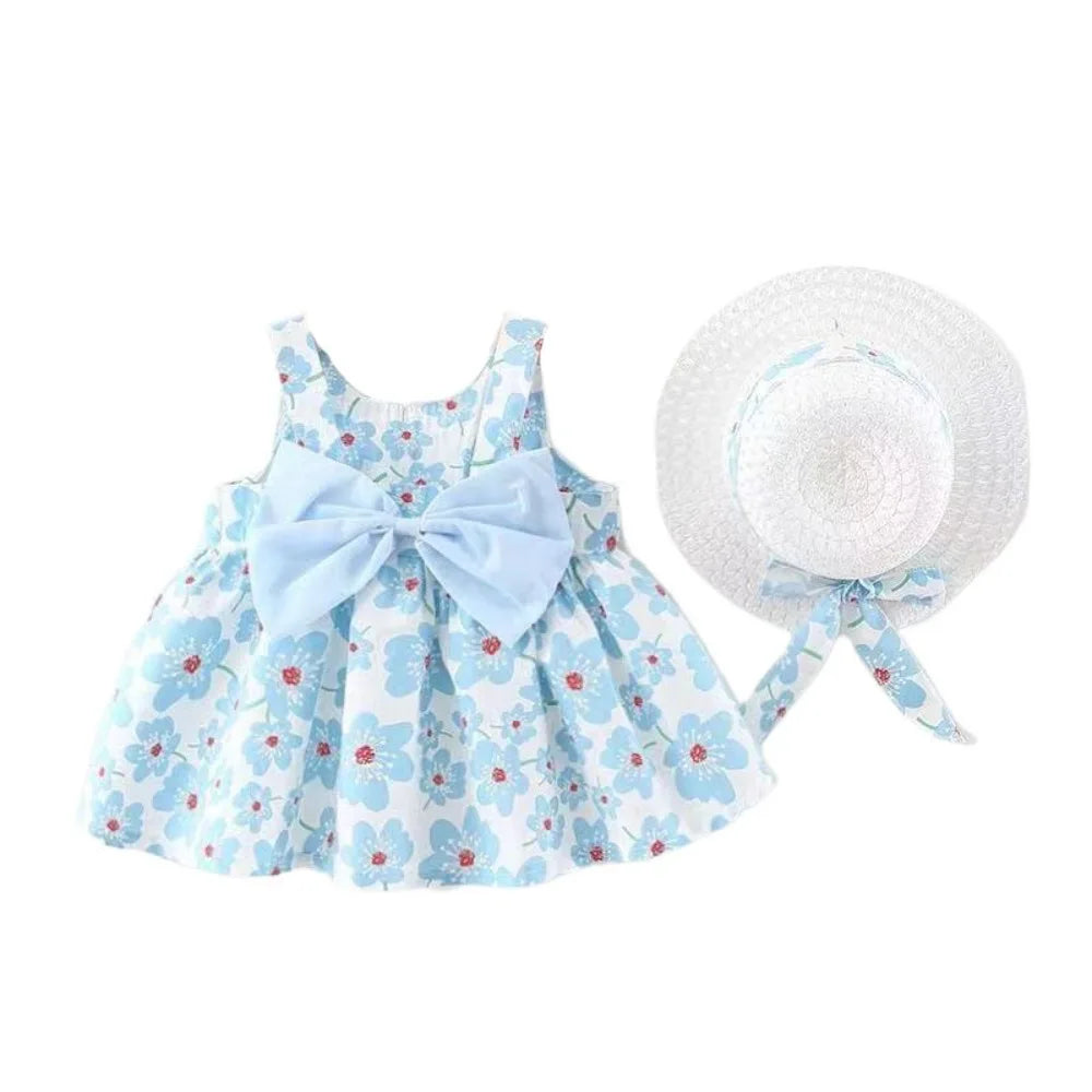 Elegant Bowknot Baby Girl Princess Dress Cotton Summer Floral Dress with Hat Sweet Sleeveless Flower Dress Beach Vacation