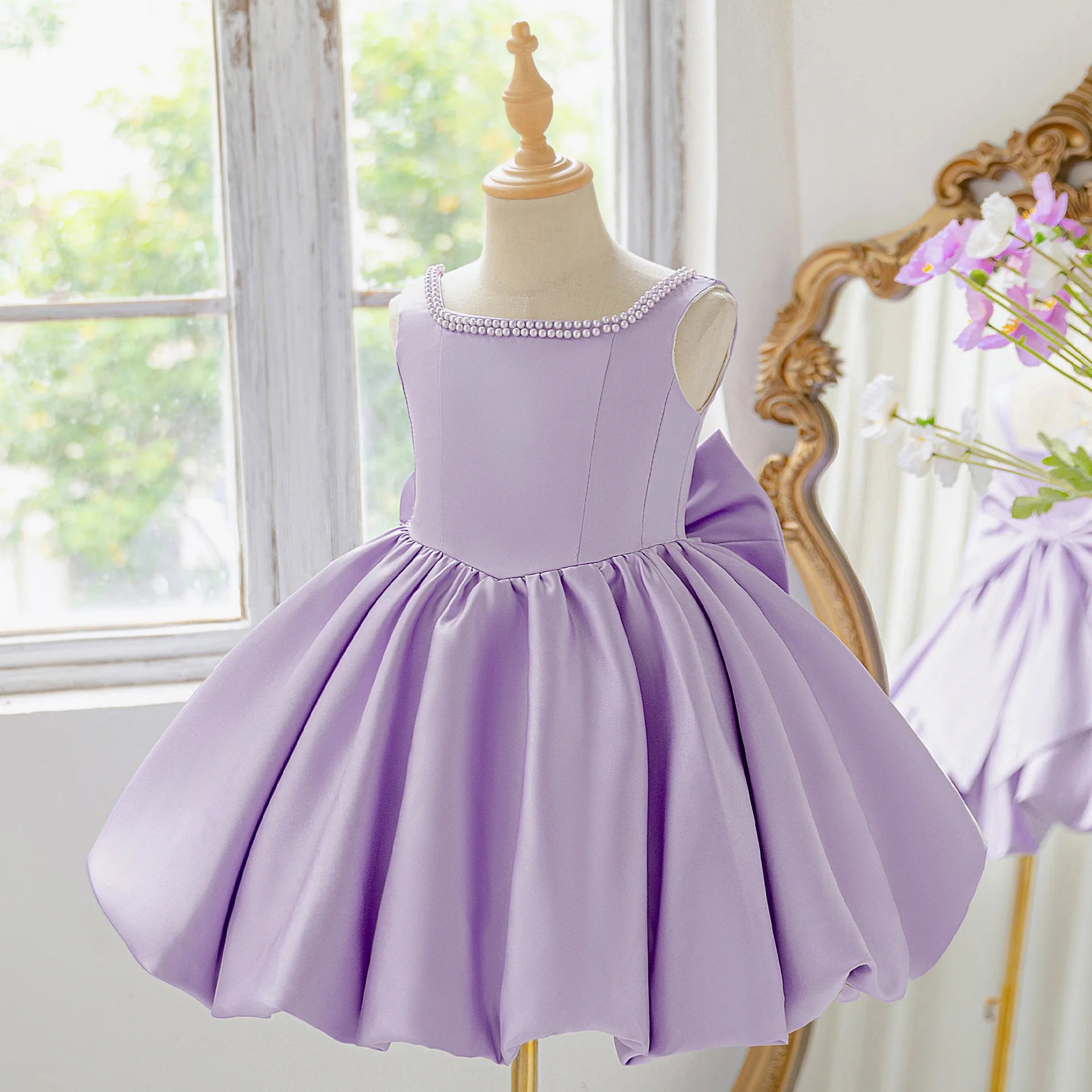Girls Party Dresses Elegant Pearls Big Bow Princess Dress Baby Girl 1st Birthday Baptism Gown Wedding Birthday Party Girls Dress