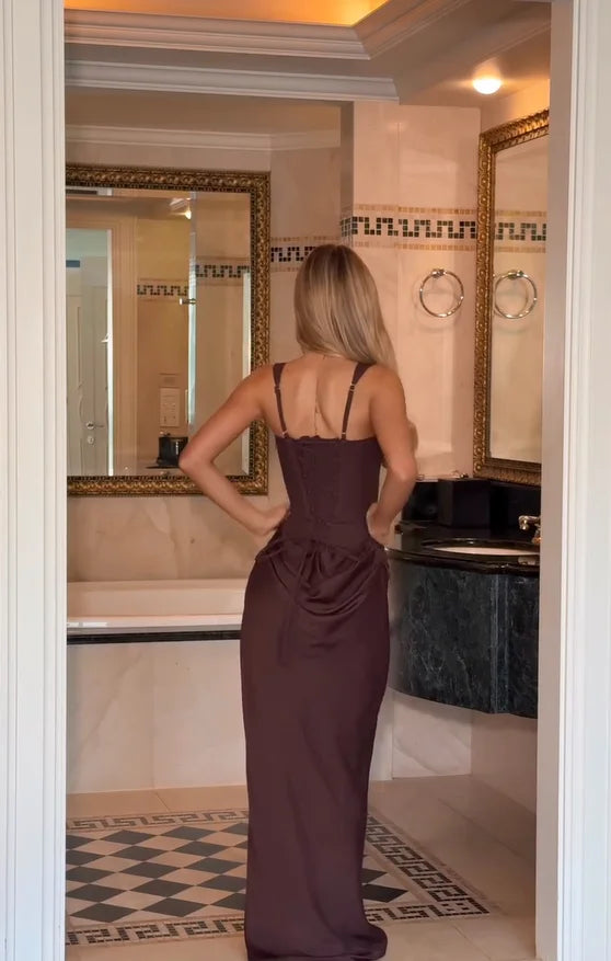 Solid Pleated Sling Dress Women Square Neck Sleeveless Off-shoulder Waist Cinching Slim Dresses Lady Evening Party Gowns 2025