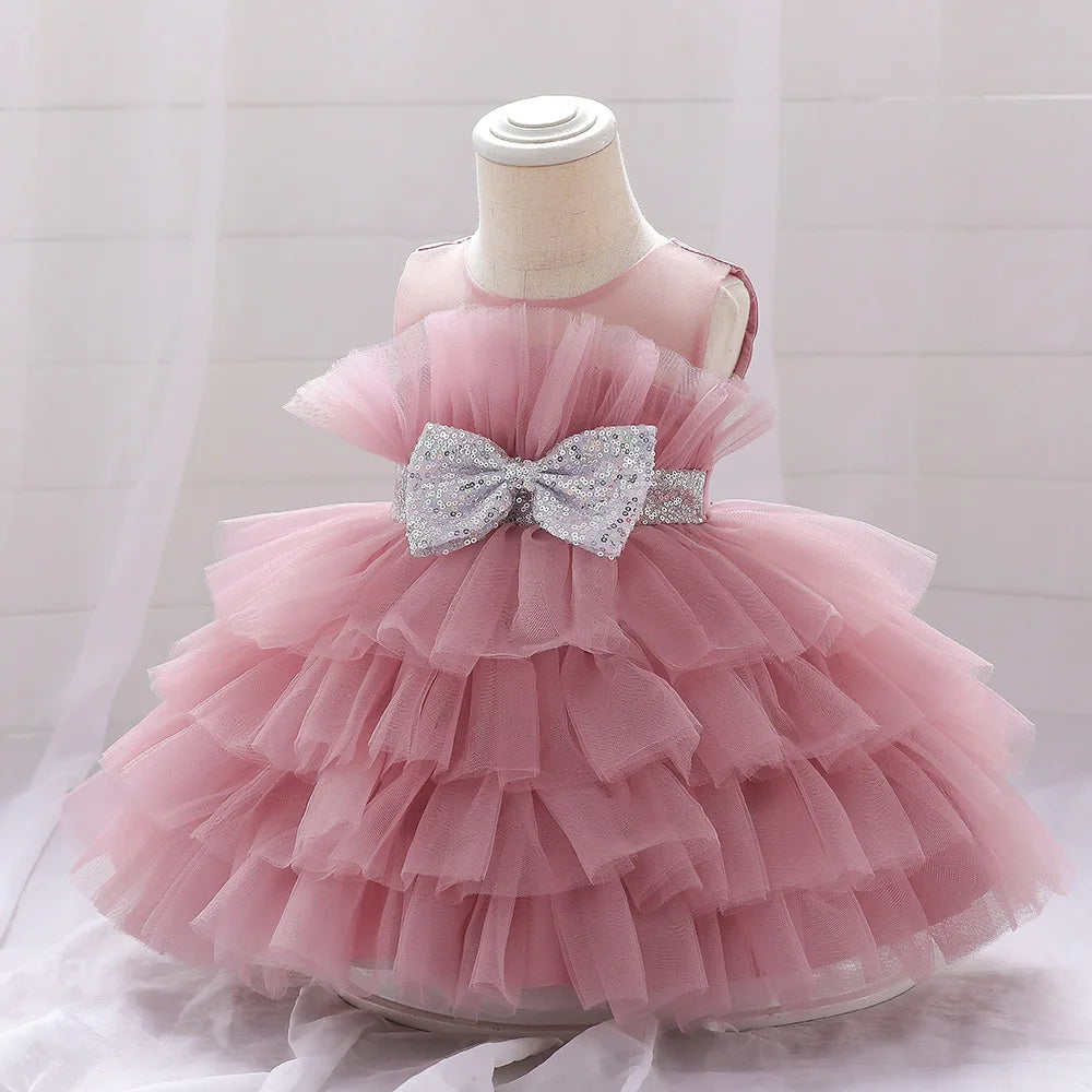 Kids Bow Baby Girls Dress Puffy Tulle Toddler White Baptism Party Dresses For Girl Elegant Kids Birthday Princess Ball Gown