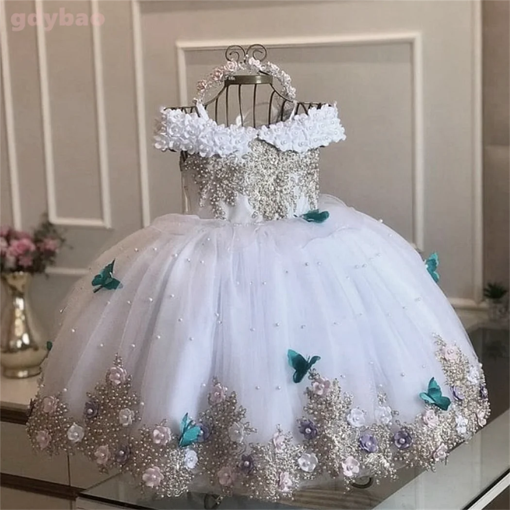 Pink Baby Girls Dresses Off Shoulder Pearls Lace Butterflies Flower Girl Dress Infant First Birthday Party Gown