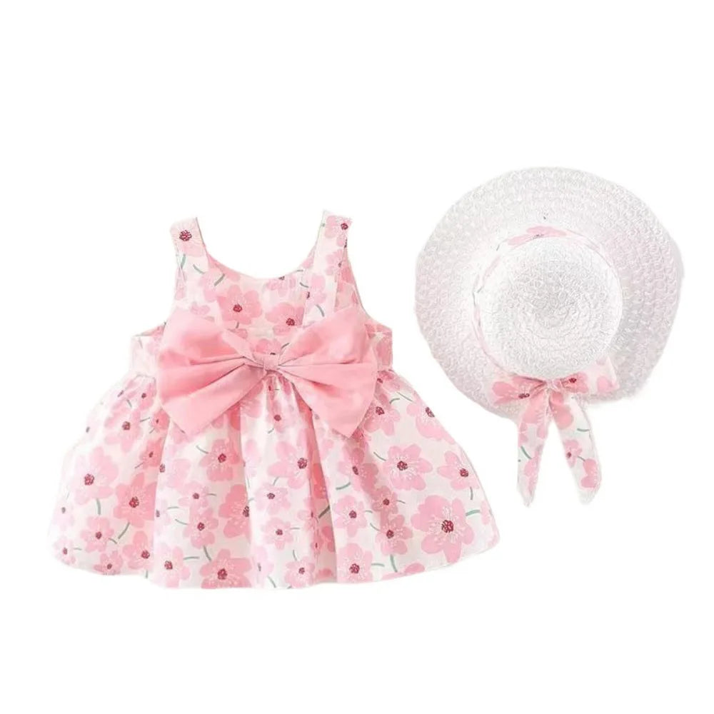 Elegant Bowknot Baby Girl Princess Dress Cotton Summer Floral Dress with Hat Sweet Sleeveless Flower Dress Beach Vacation