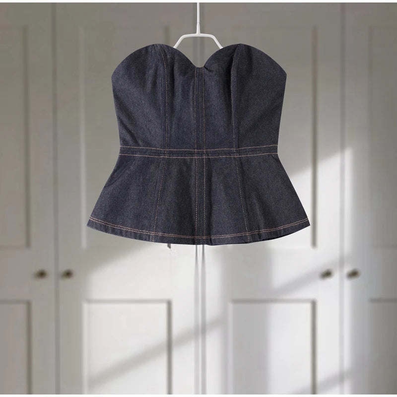 Retro Denim Vest Suit Jacket Pant 3 Piece Sets Women Classic Tube Top Waist-cinching Jackets High Waist Pants Sets Female Outfit