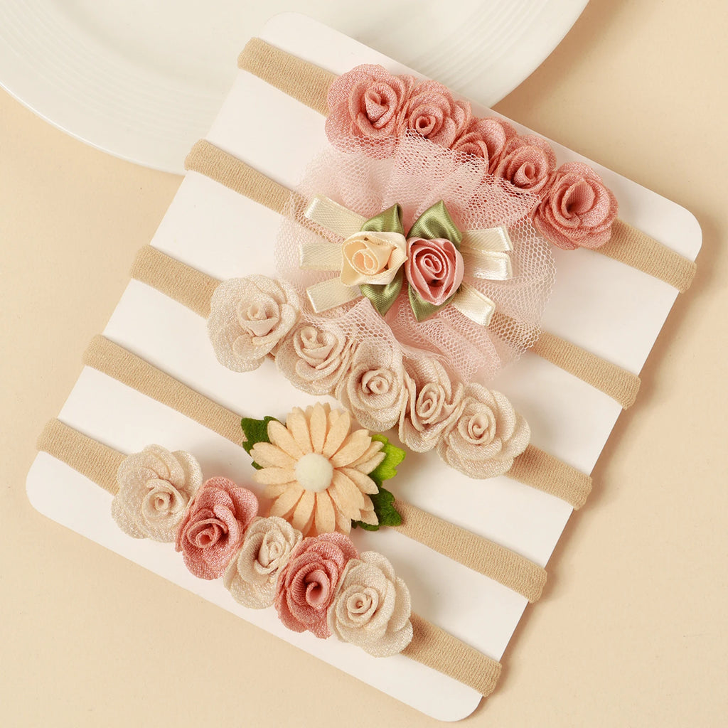 5pcs Pink Lace Rose Flower Headband Baby Cute Sweet Nylon Hairband Newborn Photography Hair Accessories Girl's Headwear