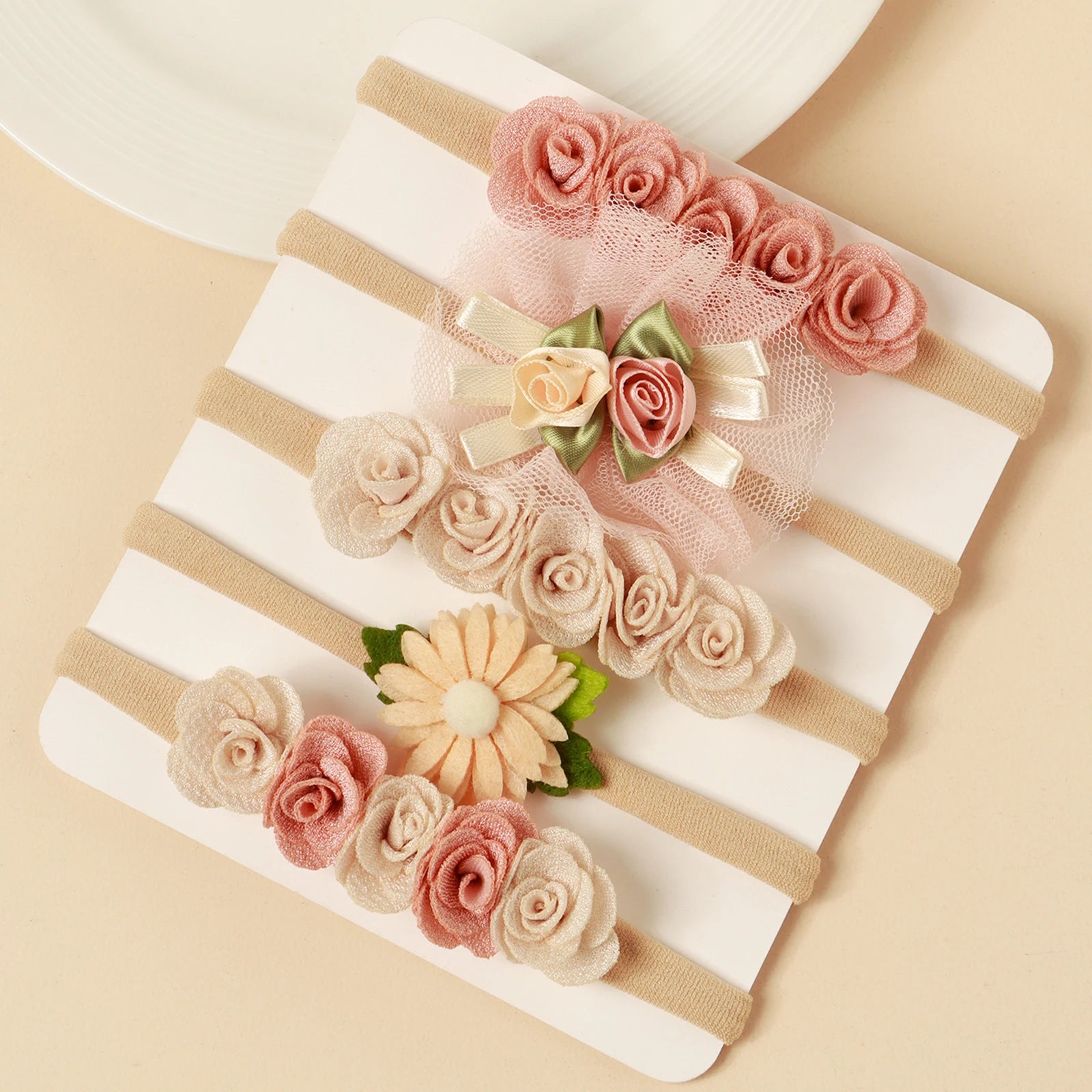 5pcs Pink Lace Rose Flower Headband Baby Cute Sweet Nylon Hairband Newborn Photography Hair Accessories Girl's Headwear