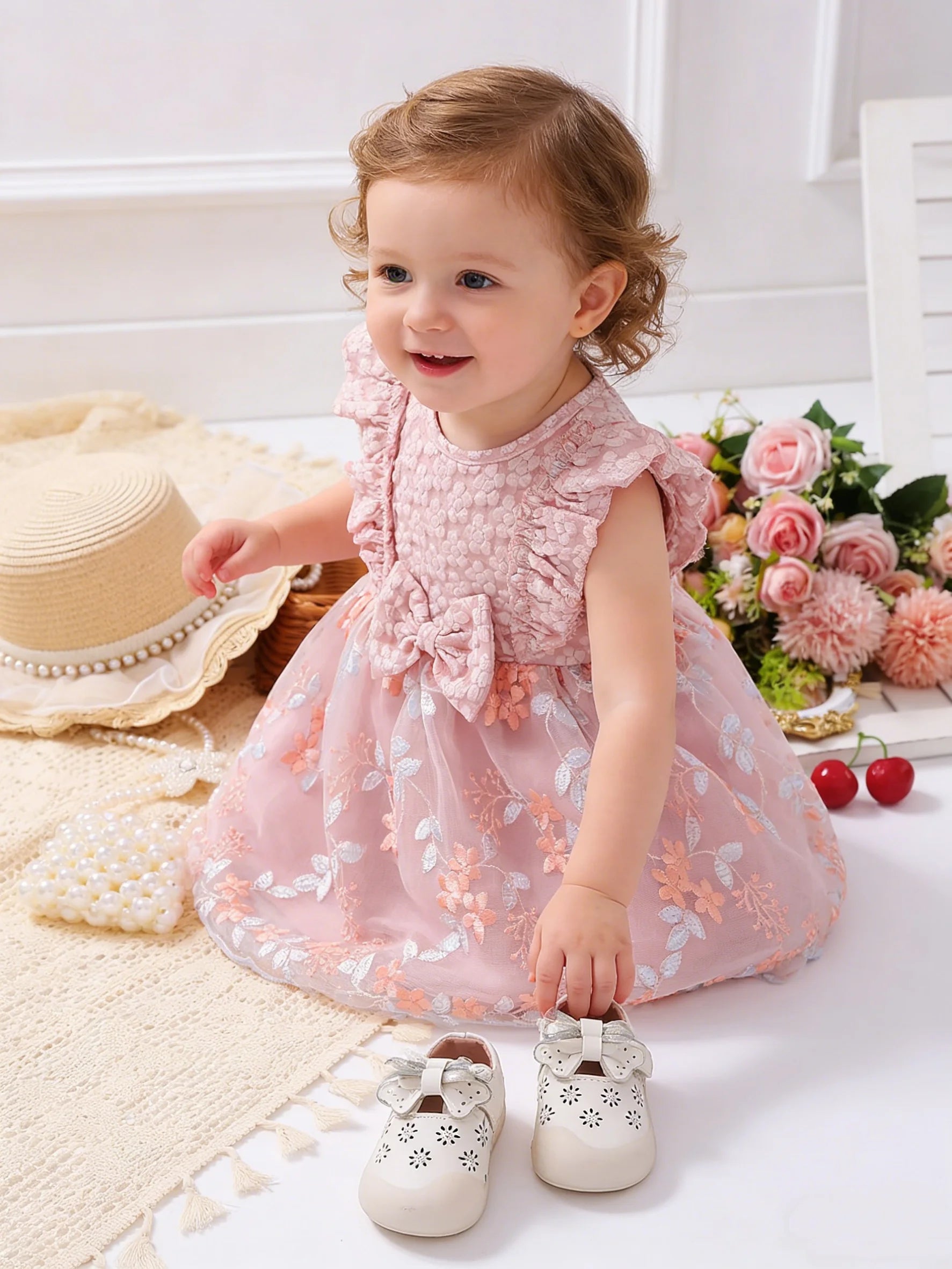 Baby Pink Lace Embroidery Princess Dress Girl's First Birthday Gown with Butterfly Knot Net Skirt Infant Special Occasion Outfit