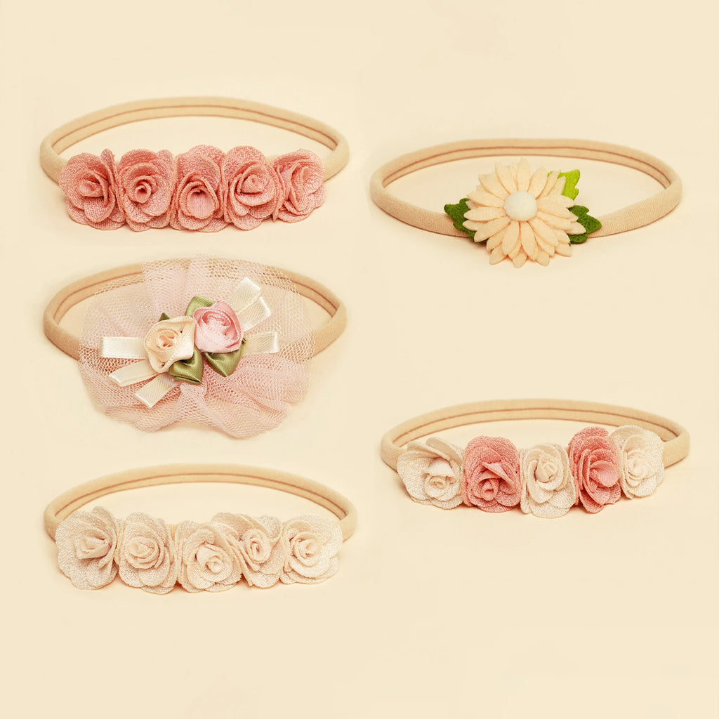 5pcs Pink Lace Rose Flower Headband Baby Cute Sweet Nylon Hairband Newborn Photography Hair Accessories Girl's Headwear