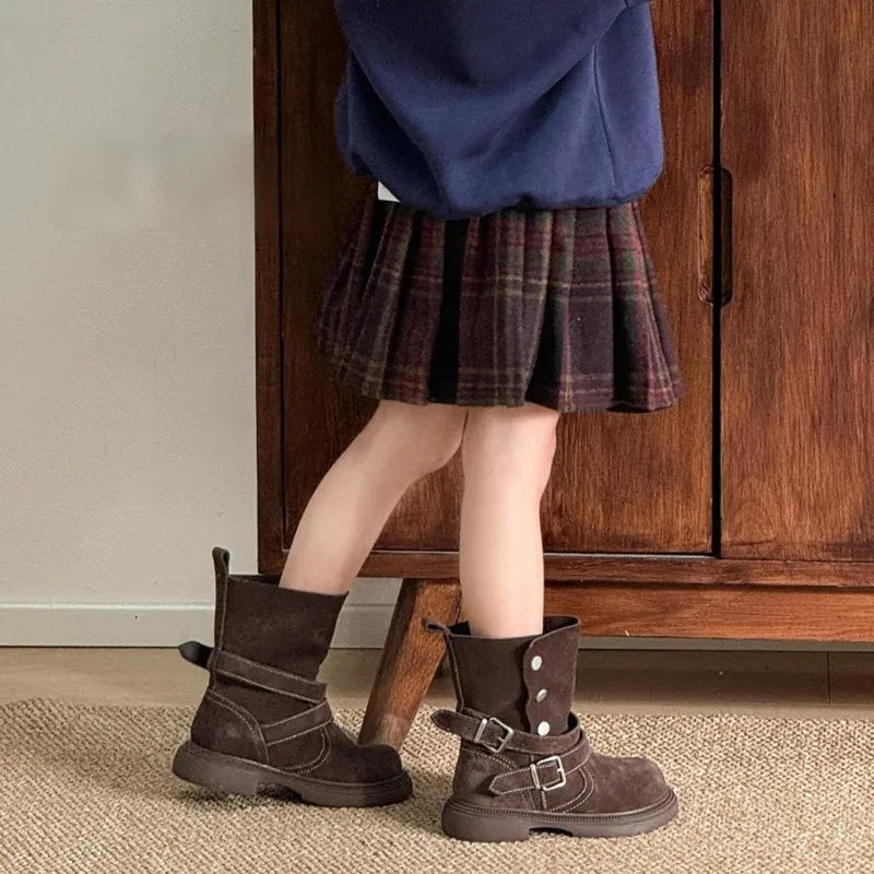 Fashion Baby Girl Retro Solid Short Boots Infant Toddler Child Spring Autumn Winter Mid-calf Platform Shoes Foldable Baby Shoes