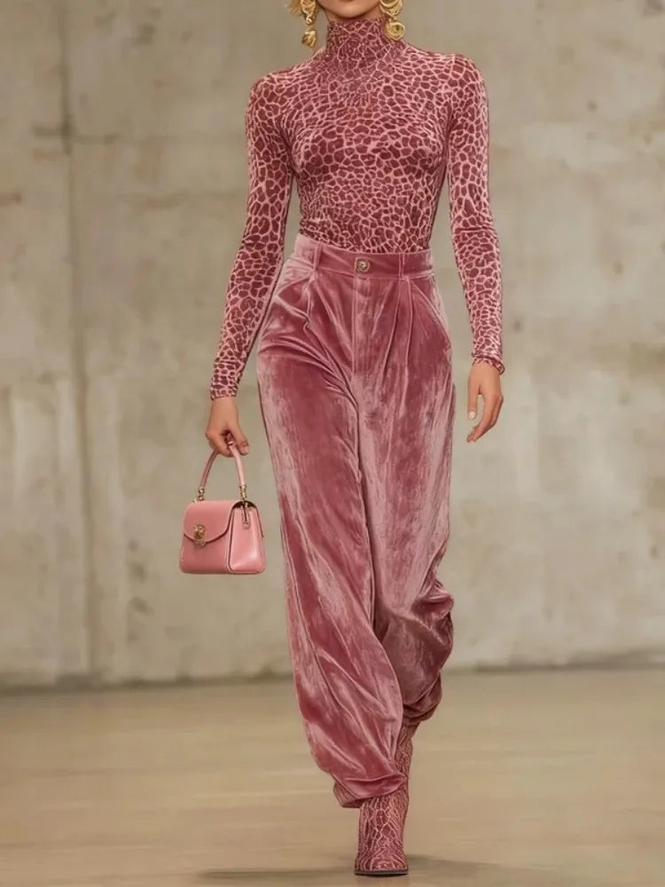 Bonboho Women's Pink Velvet High Waist Pants Buttoned Loose Fit Full Length Trousers 2026 Stylish Pleated Pants Matching Bottoms