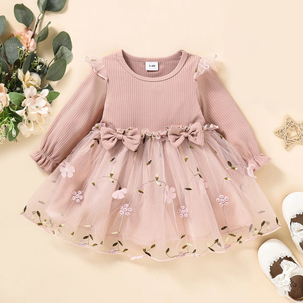 Baby Girl Pink Ribbed Long-Sleeve Bowknot Floral Embroidered Mesh Dress Perfect For Outings And Daily Wear