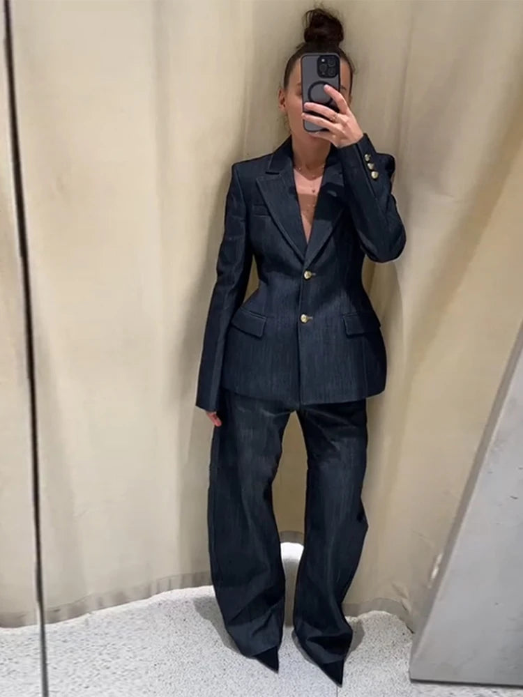 Retro Denim Vest Suit Jacket Pant 3 Piece Sets Women Classic Tube Top Waist-cinching Jackets High Waist Pants Sets Female Outfit