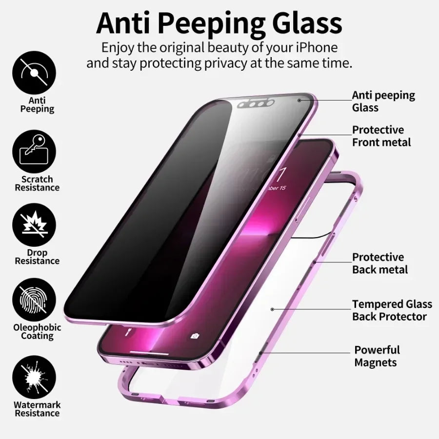 Anti-peeping Double Sided Magnetic Adsorption Case For iPhone17 16e 16 15 14 13 12 11 Pro Max XR Privacy Screen Shockproof Cover