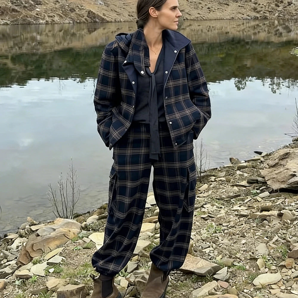 Women New Casual Chic Suit Checkered Hooded Jacket Loose Lantern Workwear Pants Fashion Autumn Winter Suits