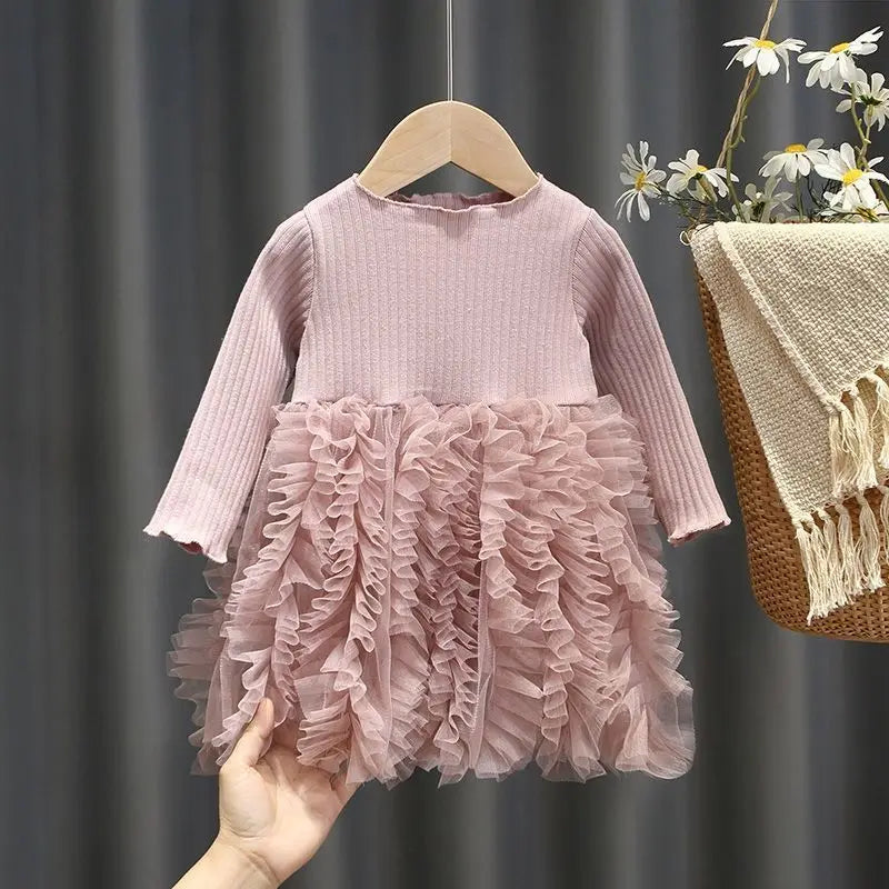 Baby Girl Pink Ribbed Long-Sleeve Bowknot Floral Embroidered Mesh Dress Perfect For Outings And Daily Wear