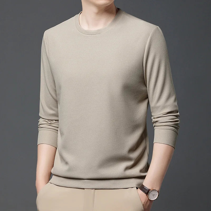 Spring Autumn Waffle t-Shirts For Men Long Sleeve t-Shirt Tops Fashion Soild Tee Shirts Casual Round Neck t Shirt Man Clothes