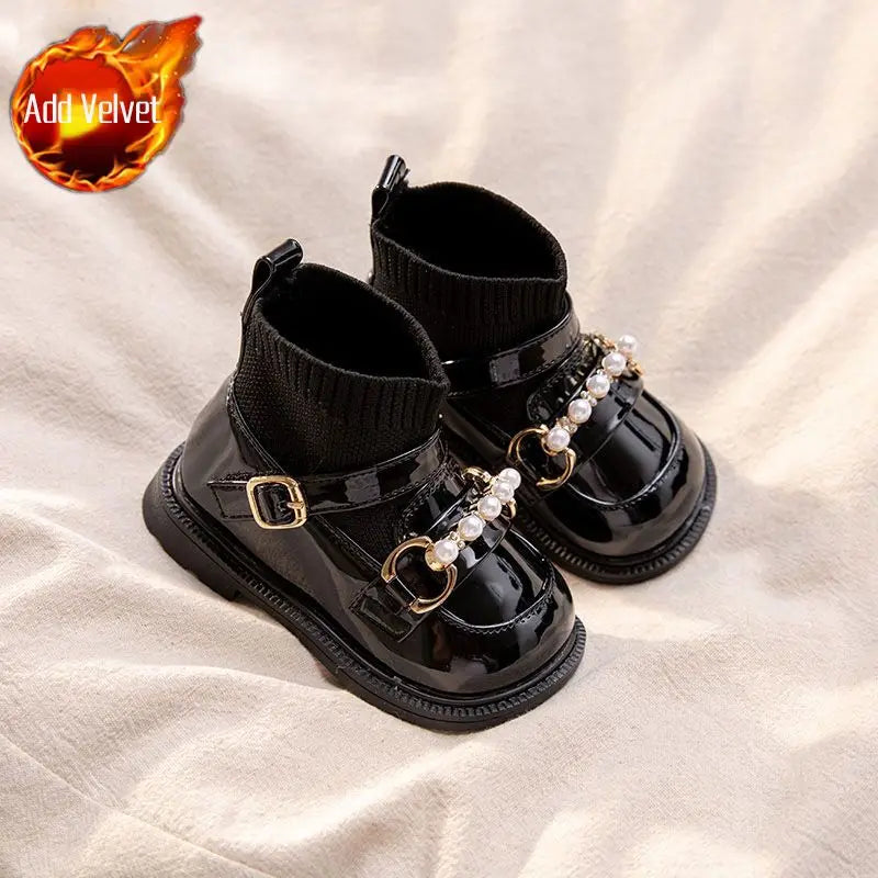 Autumn Winter Girls' Baby Shoes Fleece Lined Short Boots Soft Soled Walking Shoes Princess Leather Shoes for Toddlers