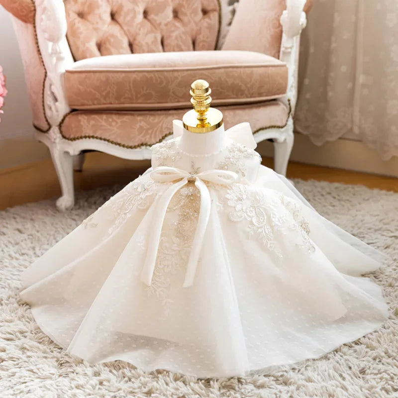 baby lace Sleeveless birthday  High-end 1 year White baptism dress girl costume Girls dress princess dress 1-10yrs wear