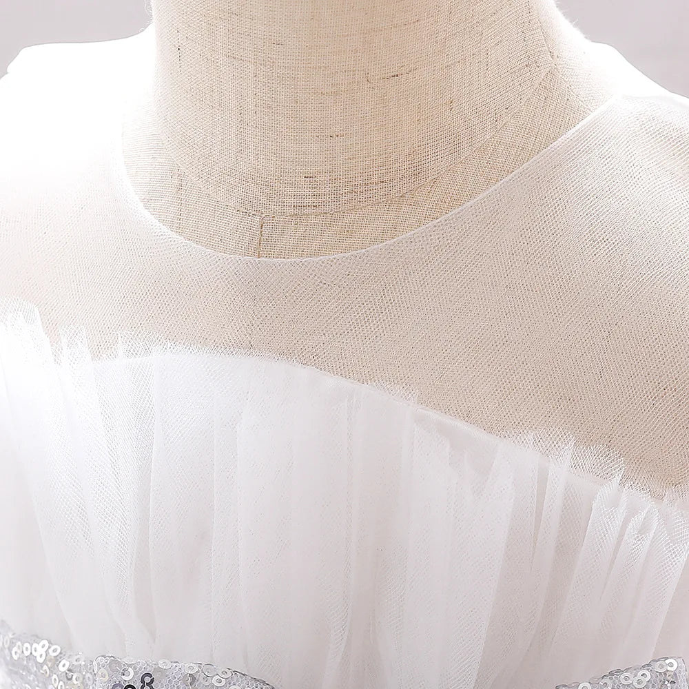 Kids Bow Baby Girls Dress Puffy Tulle Toddler White Baptism Party Dresses For Girl Elegant Kids Birthday Princess Ball Gown