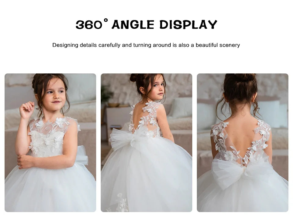 Lace Applique Tulle Flower Girl Dress for Wedding Sleeveless Long Bow Knot V-Back Elegant Formal Dresses