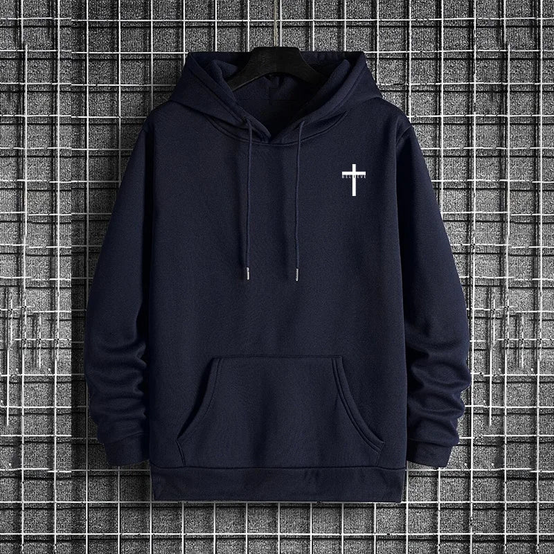 Mens Urban Hoodie 2025 High Quality Solid Color Long Sleeve Sweatshirt Casual Sporty Hooded Outerwear Jesus Cross Print Pullover