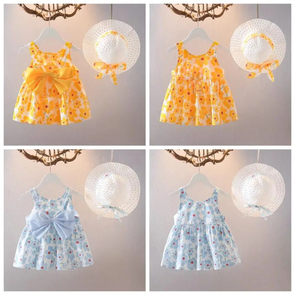 Elegant Bowknot Baby Girl Princess Dress Cotton Summer Floral Dress with Hat Sweet Sleeveless Flower Dress Beach Vacation