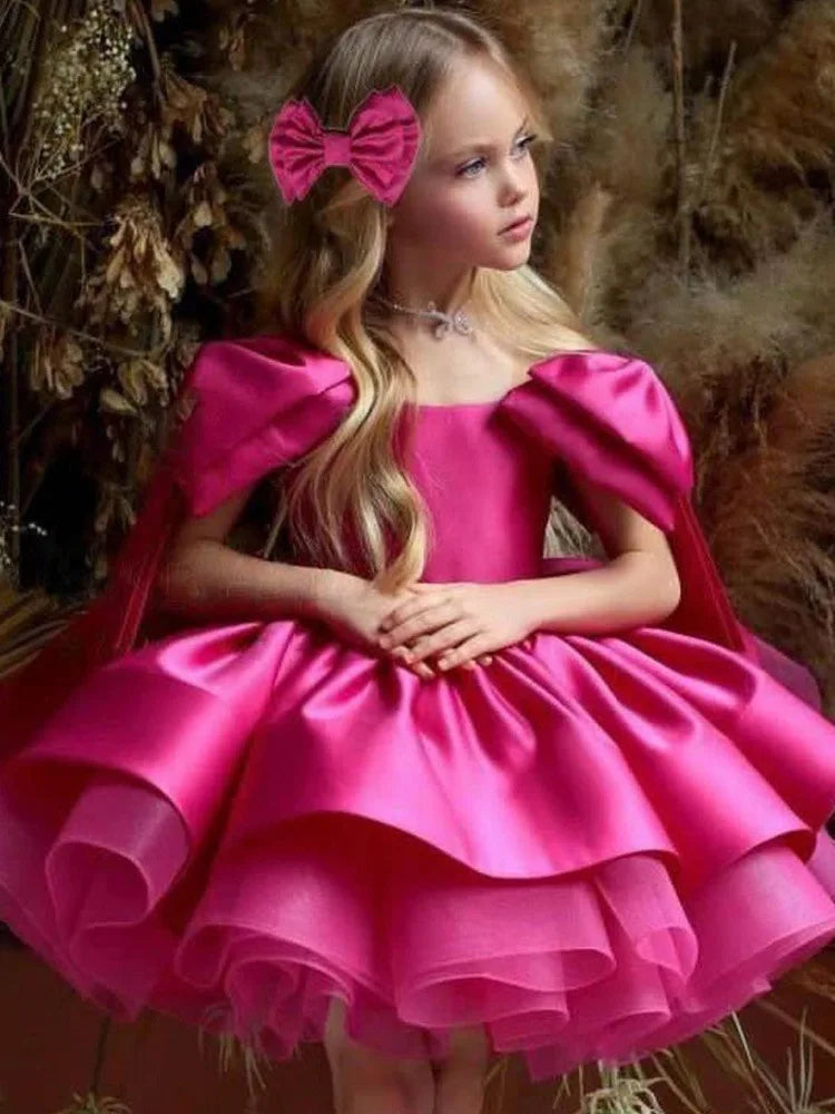 Luxury Girls Big Bow Wedding Party Flower Girl Dresses Pink Long Tulle Baby Ceremony Evening Dress Summer  3-10 Y graduate Dress