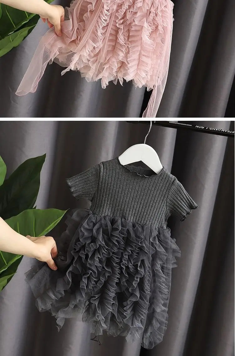 Baby Girl Pink Ribbed Long-Sleeve Bowknot Floral Embroidered Mesh Dress Perfect For Outings And Daily Wear