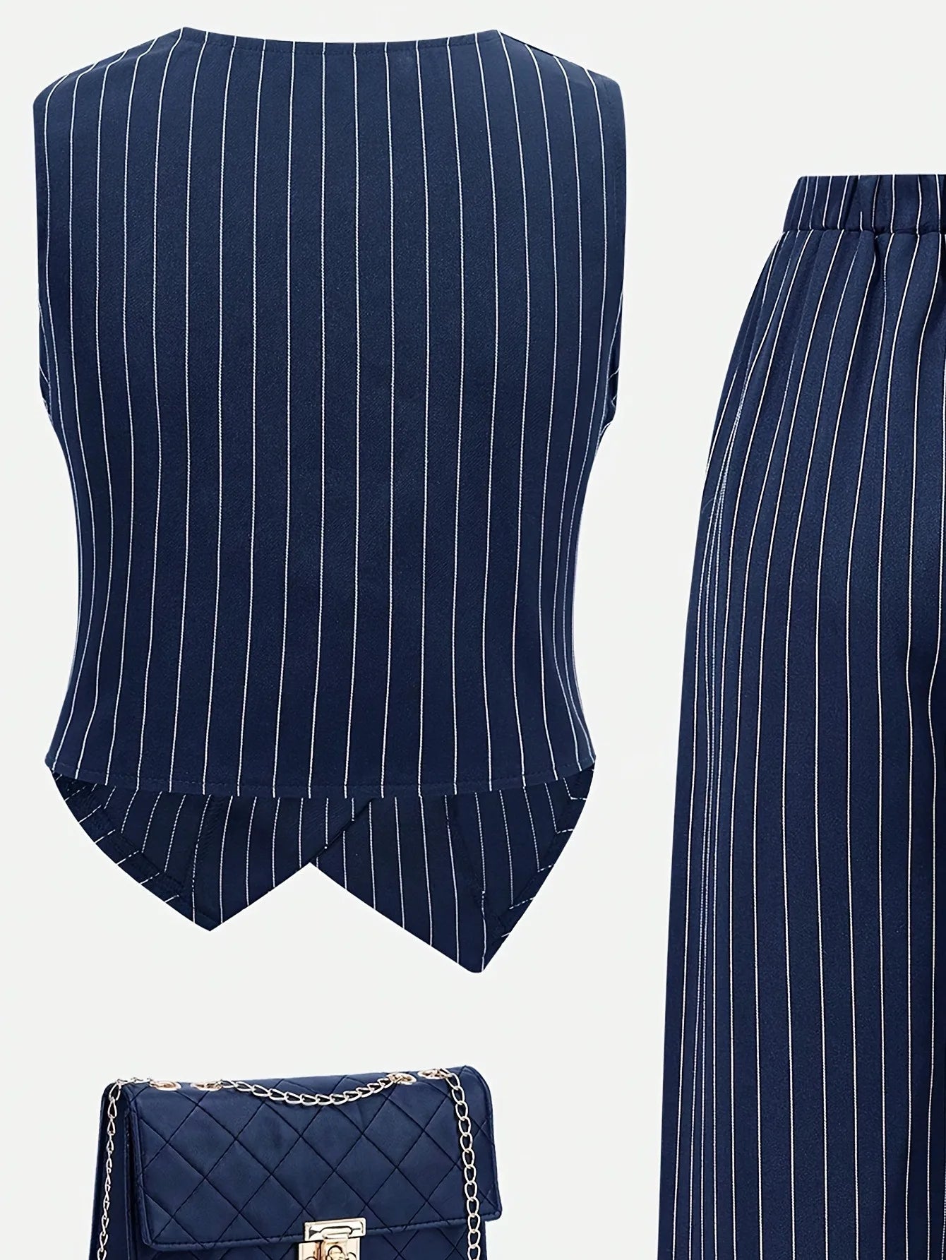 Kids Girls 2-Piece Striped V-Neck Button down Vest & Wide Leg Pants Set Elegant Office Style Outfit