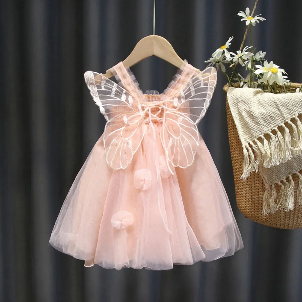 Fashion Lace-up Baby Girl Princess Dress Sleeveless Lace Baby Girl Bubble Dress Sweet Casual Butterfly Wing Pettiskirt Kids